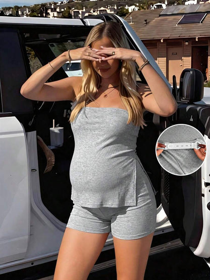 Maternity 2-Piece Set - Bandeau Top & Mini Shorts, Off Shoulder, Slim Fit, Brown
