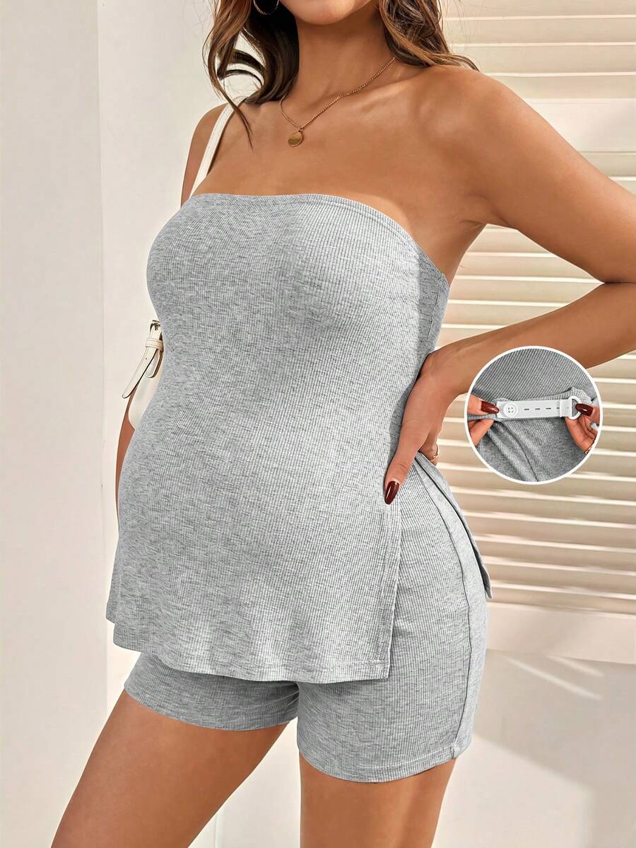 Maternity 2-Piece Set - Bandeau Top & Mini Shorts, Off Shoulder, Slim Fit, Brown
