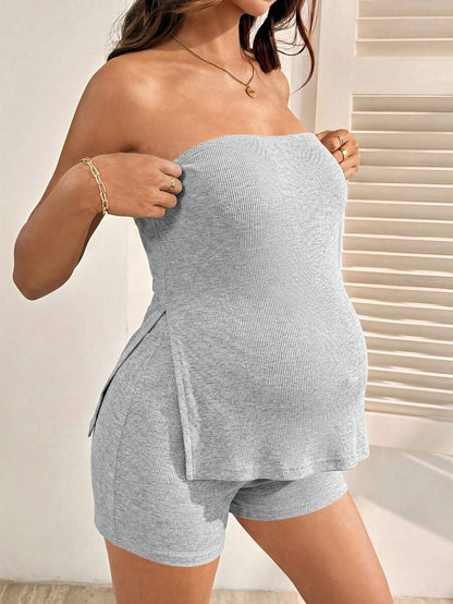 Maternity Black Ribbed Knit Tube Top and Adjustable Waist Mini Shorts Set - Slim Fit Strapless Two Piece Pregnancy Lounge Outfit