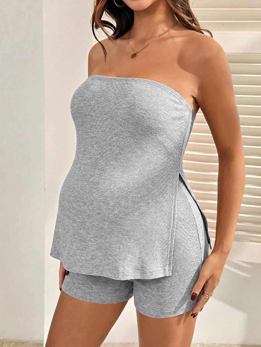 Maternity 2-Piece Set - Bandeau Top & Mini Shorts, Off Shoulder, Slim Fit, Brown