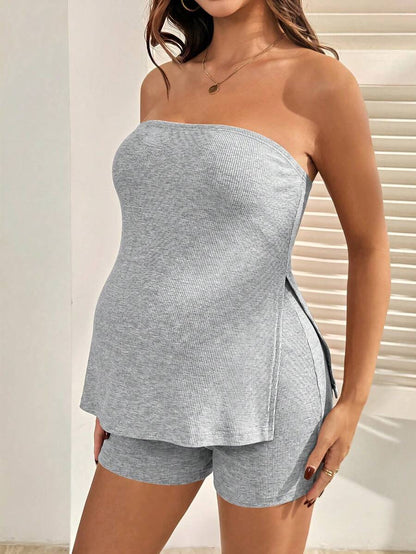 Maternity Black Ribbed Knit Tube Top and Adjustable Waist Mini Shorts Set - Slim Fit Strapless Two Piece Pregnancy Lounge Outfit