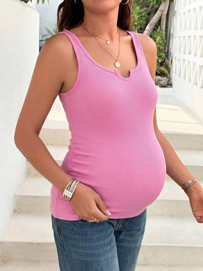 Maternity Solid V-Neck Tank Top - Casual Versatile Pregnancy Sleeveless Shirt