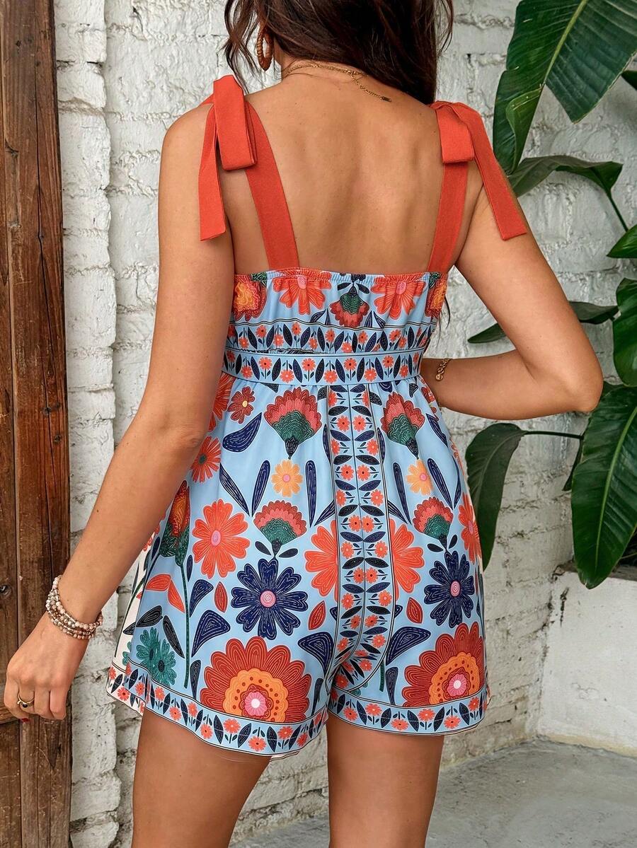 Blue Floral Print Tie-Waist Maternity Romper - Boho Cold Shoulder Sleeveless Beach Jumpsuit - High Waist Loose Fit Summer One Piece
