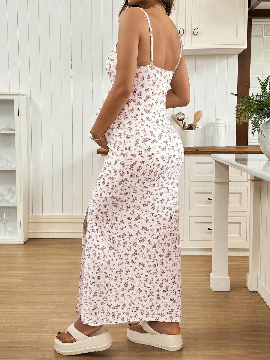 Maternity Dress - Full Print Ruched Slit Sleeveless Casual Vacation Soft Stretch, Summer