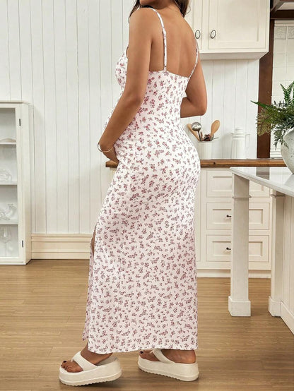 Maternity Dress - Full Print Ruched Slit Sleeveless Casual Vacation Soft Stretch, Summer