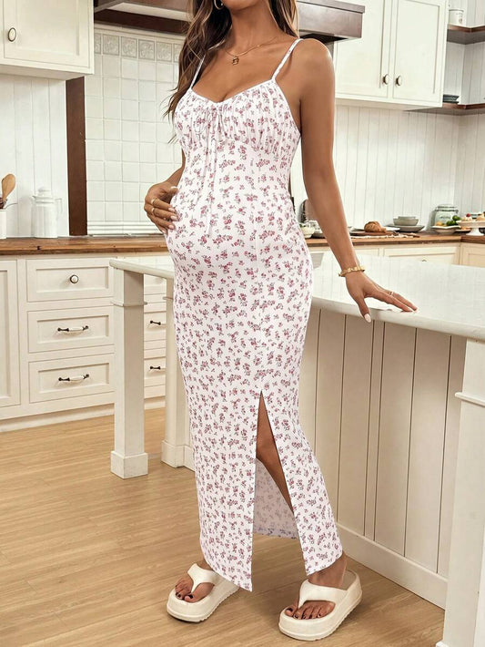 Maternity Dress - Full Print Ruched Slit Sleeveless Casual Vacation Soft Stretch, Summer