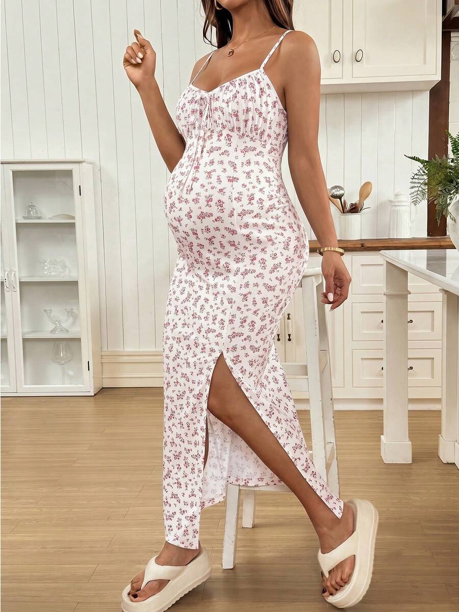 Maternity Dress - Full Print Ruched Slit Sleeveless Casual Vacation Soft Stretch, Summer
