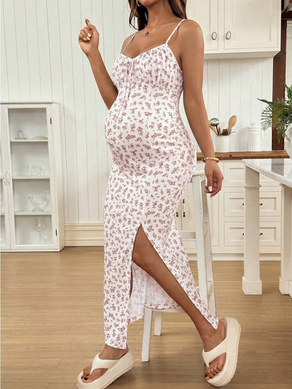 Maternity Dress - Full Print Ruched Slit Sleeveless Casual Vacation Soft Stretch, Summer