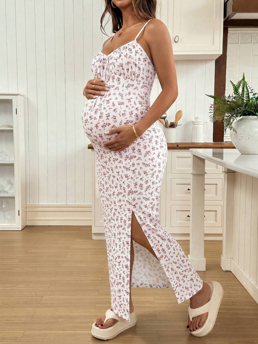 Maternity Dress - Full Print Ruched Slit Sleeveless Casual Vacation Soft Stretch, Summer