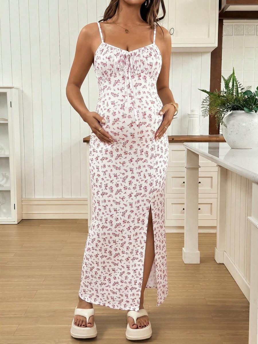 Maternity Dress - Full Print Ruched Slit Sleeveless Casual Vacation Soft Stretch, Summer