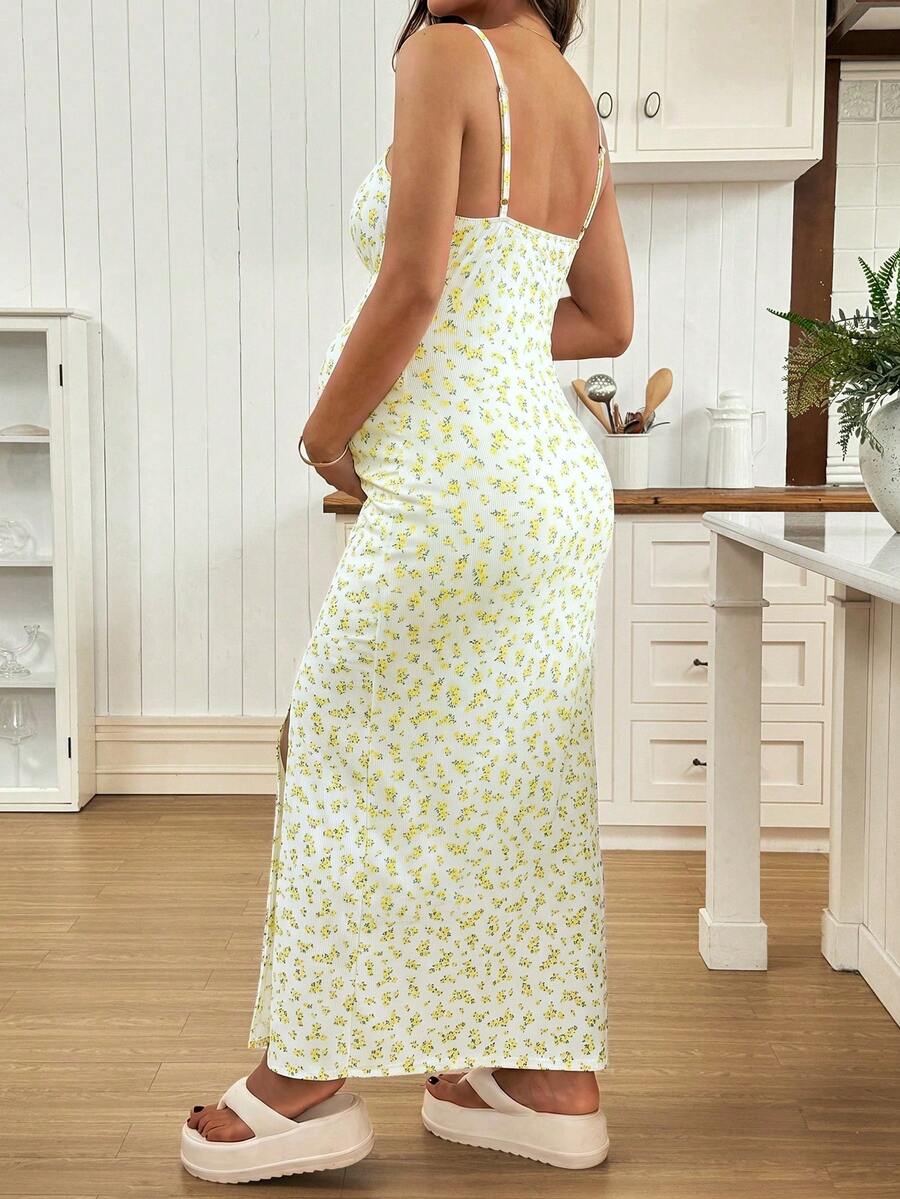 Maternity Dress - Full Print Ruched Slit Sleeveless Casual Vacation Soft Stretch, Summer