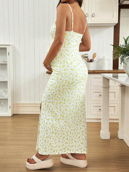 Maternity Dress - Full Print Ruched Slit Sleeveless Casual Vacation Soft Stretch, Summer