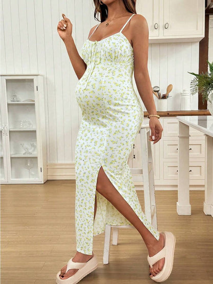 Maternity Dress - Full Print Ruched Slit Sleeveless Casual Vacation Soft Stretch, Summer