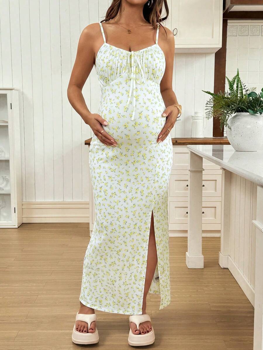 Maternity Dress - Full Print Ruched Slit Sleeveless Casual Vacation Soft Stretch, Summer