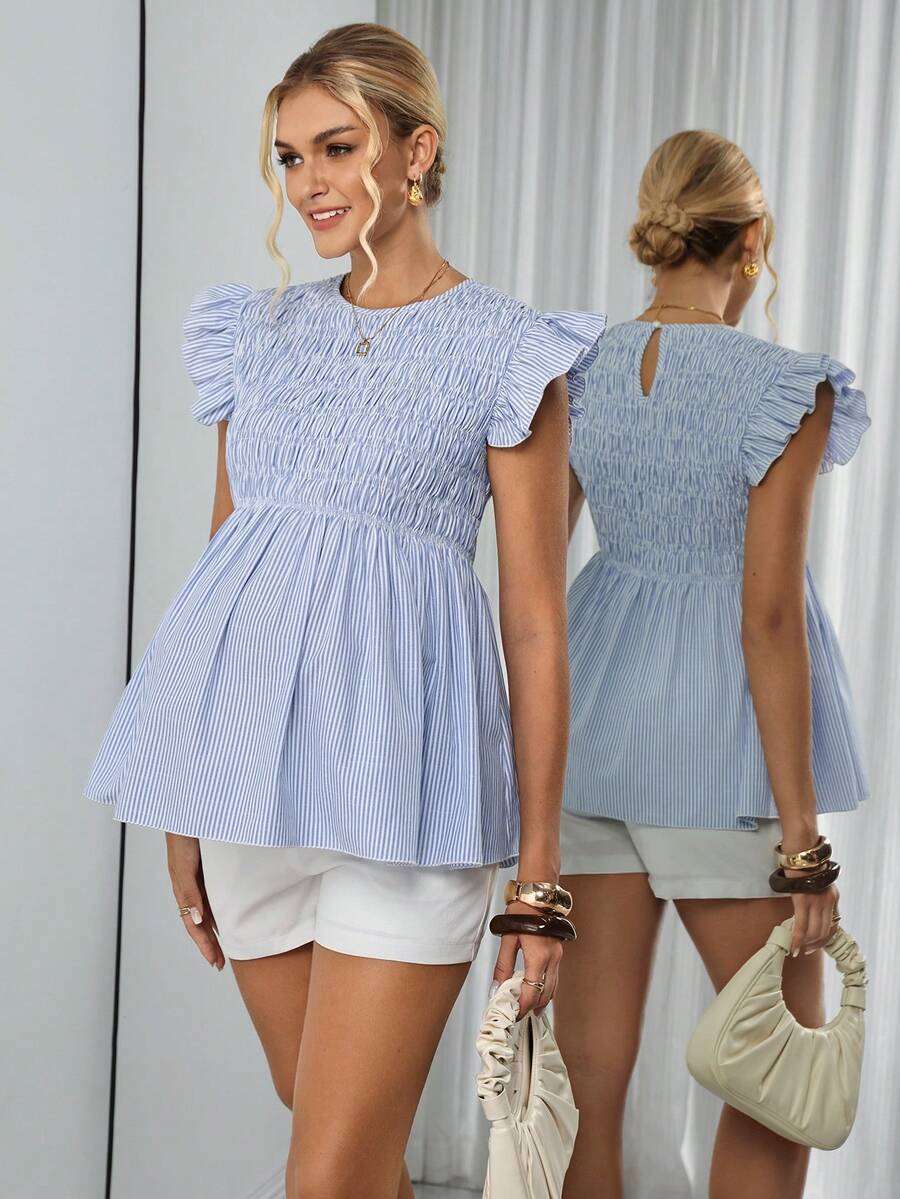 Blue Striped Round Neck Peplum Maternity Top - Short Flounce Sleeve Cotton Blend Business Casual Blouse - Summer Babydoll Top for Women