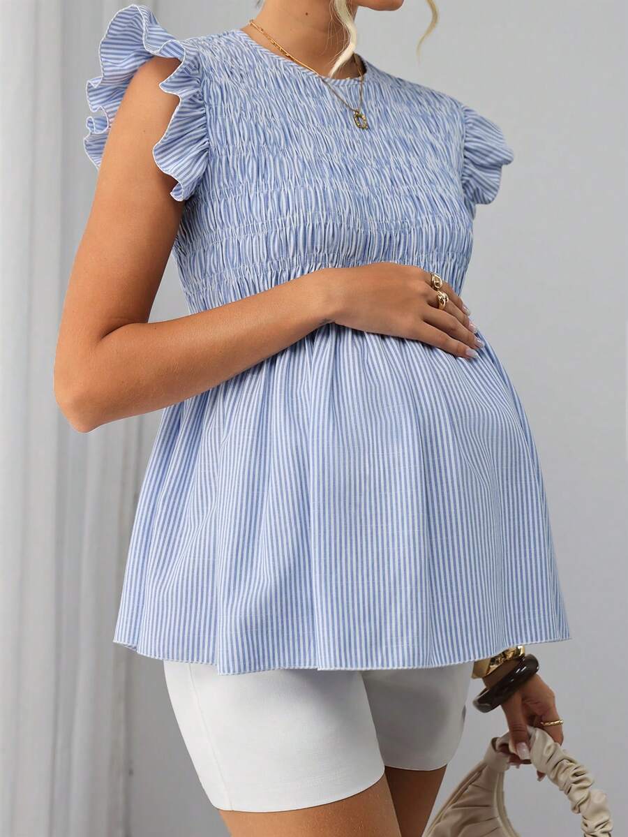 Blue Striped Round Neck Peplum Maternity Top - Short Flounce Sleeve Cotton Blend Business Casual Blouse - Summer Babydoll Top for Women