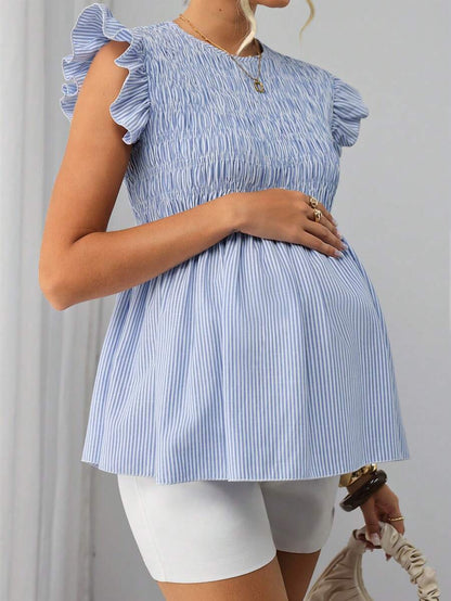 Blue Striped Round Neck Peplum Maternity Top - Short Flounce Sleeve Cotton Blend Business Casual Blouse - Summer Babydoll Top for Women