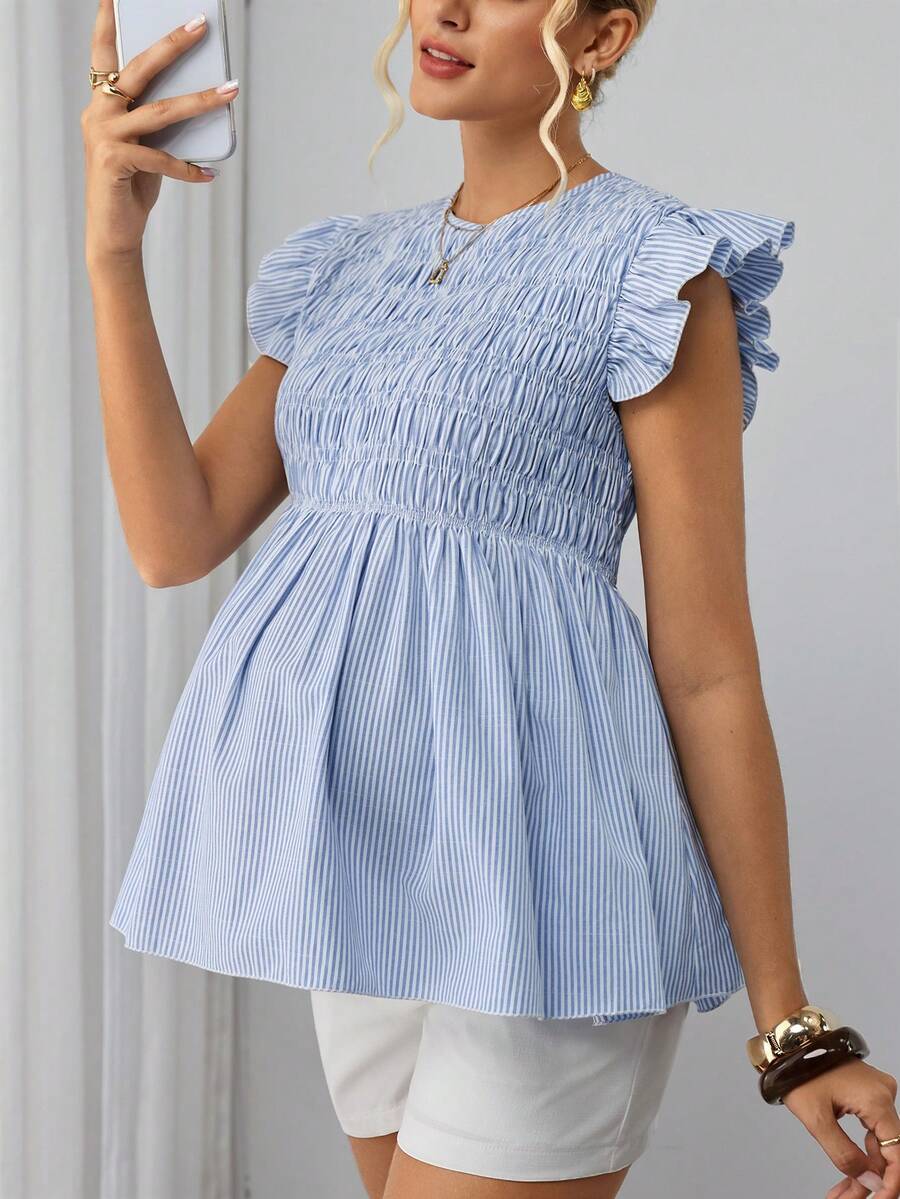 Blue Striped Round Neck Peplum Maternity Top - Short Flounce Sleeve Cotton Blend Business Casual Blouse - Summer Babydoll Top for Women