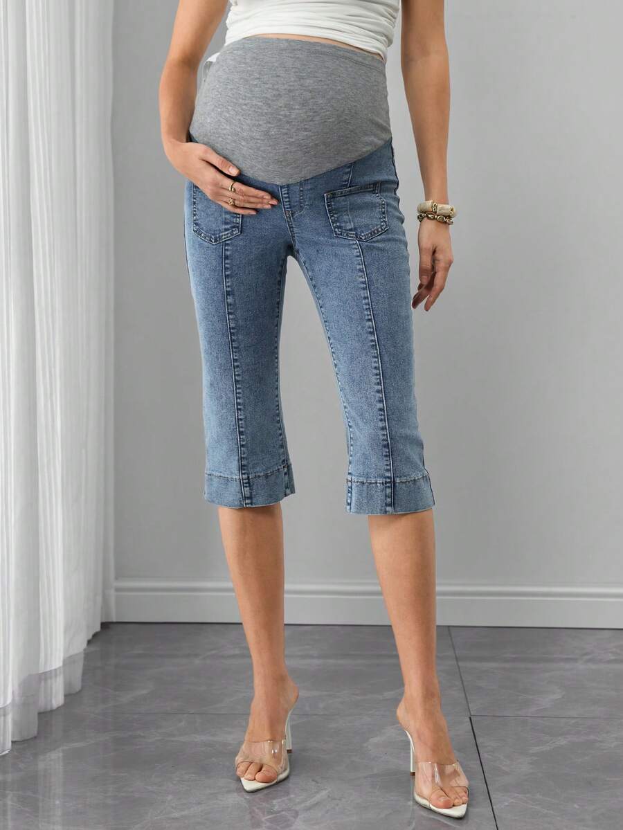 Maternity Denim Capri Jeans - Adjustable Waist, Washed, Pocket, Skinny Fit, Medium Wash