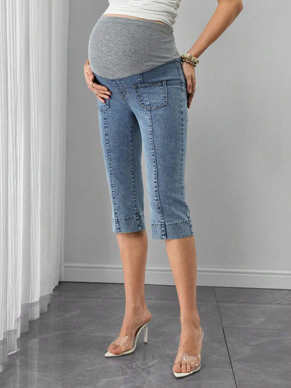 Maternity Denim Capri Jeans - Adjustable Waist, Washed, Pocket, Skinny Fit, Medium Wash