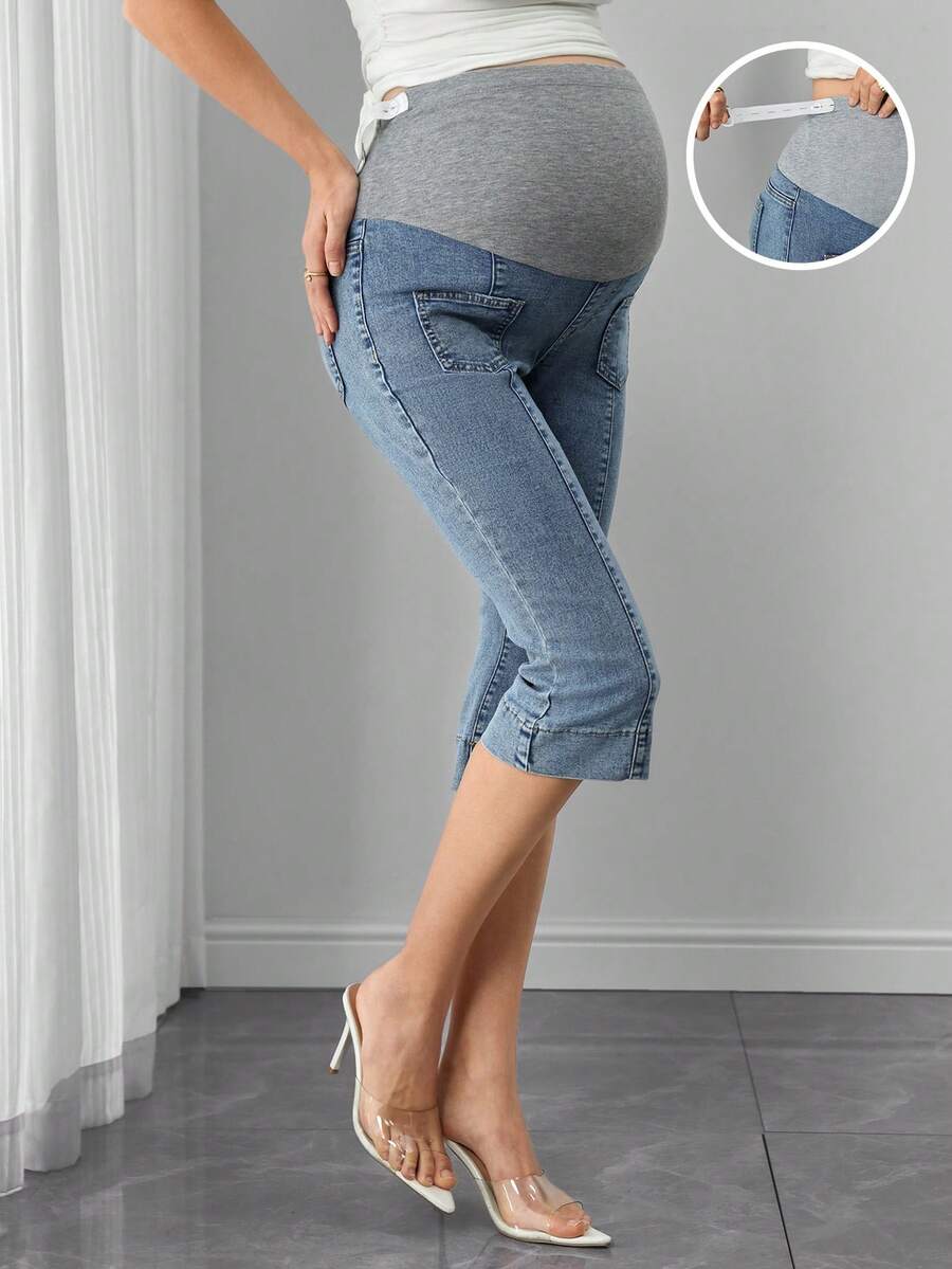 Maternity Denim Capri Jeans - Adjustable Waist, Washed, Pocket, Skinny Fit, Medium Wash