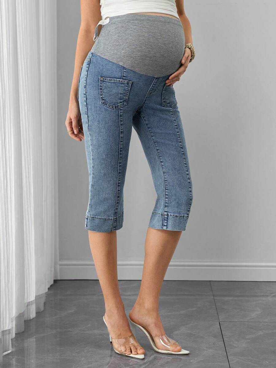 Maternity Denim Capri Jeans - Adjustable Waist, Washed, Pocket, Skinny Fit, Medium Wash