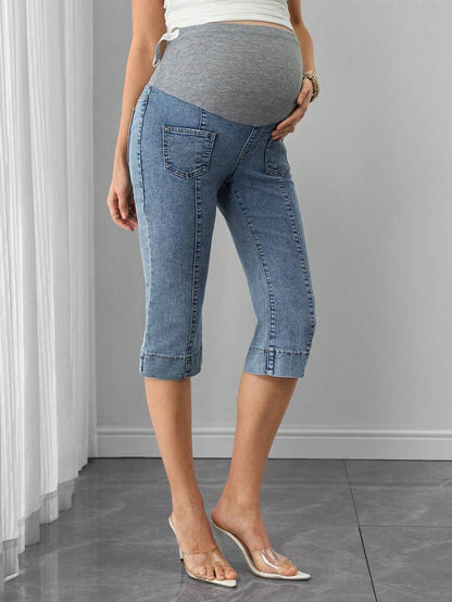 Maternity Denim Capri Jeans - Adjustable Waist, Washed, Pocket, Skinny Fit, Medium Wash