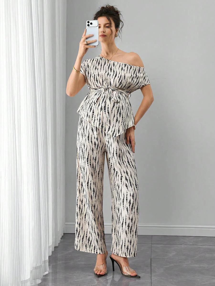 Maternity Printed 2-Piece Set - Cold Shoulder Top & Wide Leg Pants, Belted, Regular Fit, Apricot