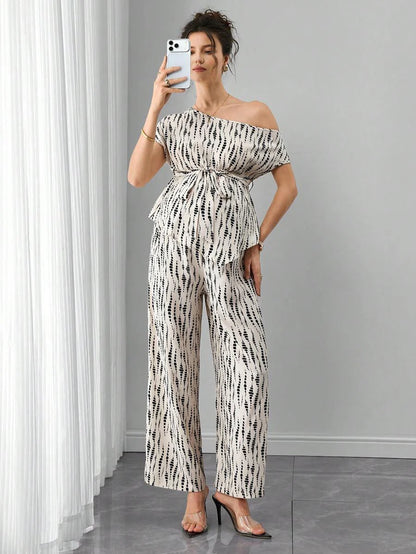 Maternity Printed 2-Piece Set - Cold Shoulder Top & Wide Leg Pants, Belted, Regular Fit, Apricot