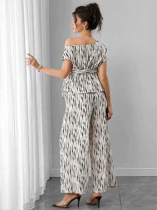 Maternity Printed 2-Piece Set - Cold Shoulder Top & Wide Leg Pants, Belted, Regular Fit, Apricot