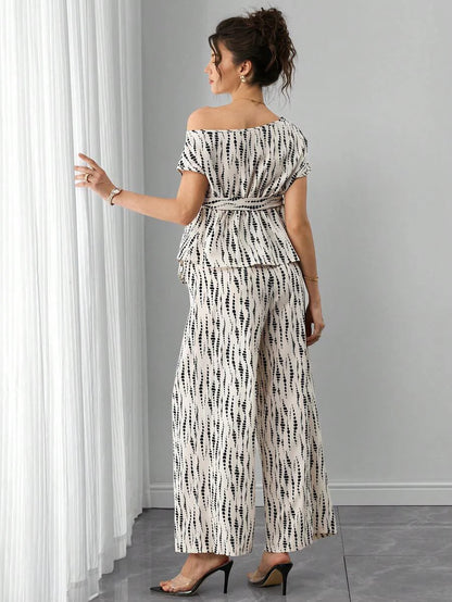 Maternity Printed 2-Piece Set - Cold Shoulder Top & Wide Leg Pants, Belted, Regular Fit, Apricot