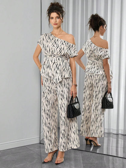 Maternity Printed 2-Piece Set - Cold Shoulder Top & Wide Leg Pants, Belted, Regular Fit, Apricot
