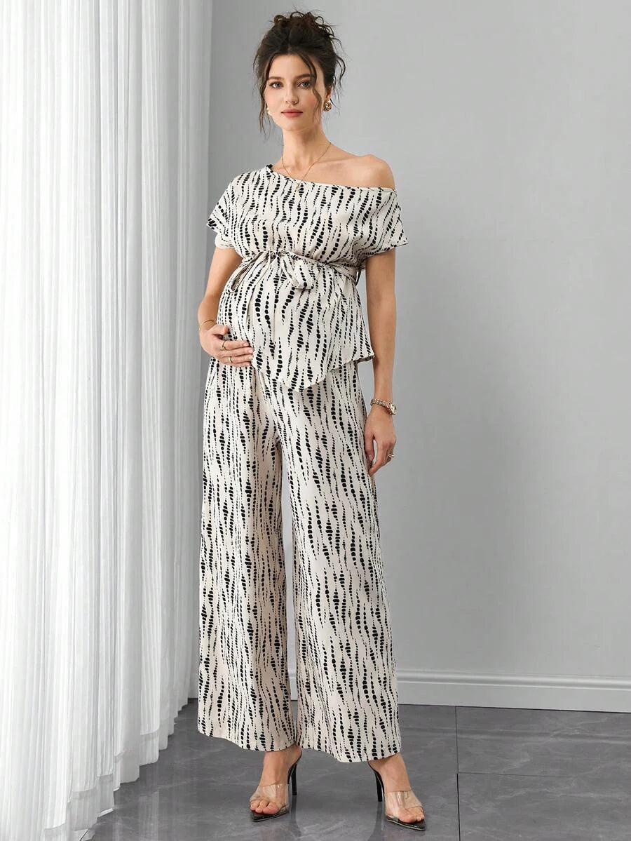 Maternity Printed 2-Piece Set - Cold Shoulder Top & Wide Leg Pants, Belted, Regular Fit, Apricot