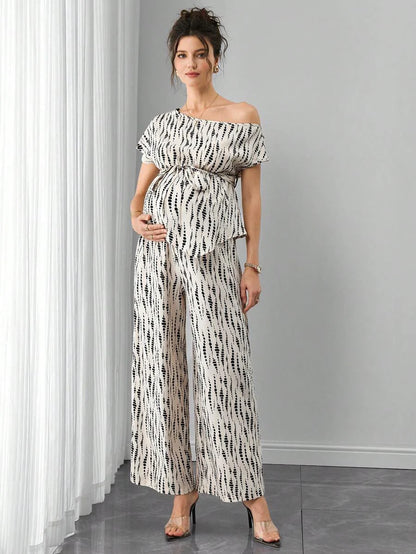 Maternity Printed 2-Piece Set - Cold Shoulder Top & Wide Leg Pants, Belted, Regular Fit, Apricot