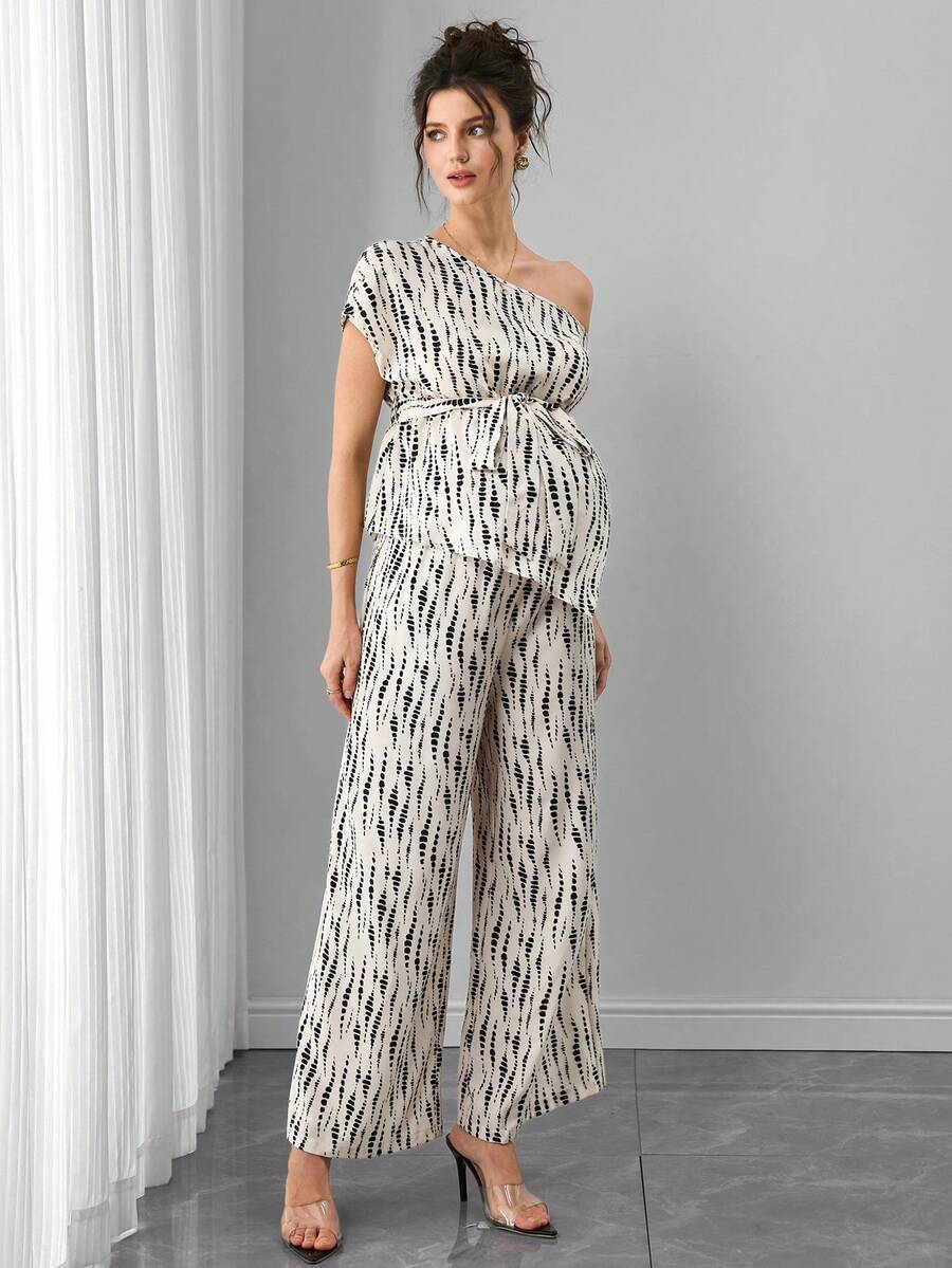 Maternity Printed 2-Piece Set - Cold Shoulder Top & Wide Leg Pants, Belted, Regular Fit, Apricot