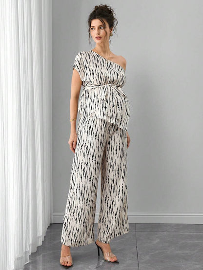 Maternity Printed 2-Piece Set - Cold Shoulder Top & Wide Leg Pants, Belted, Regular Fit, Apricot