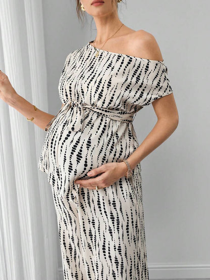 Maternity Printed 2-Piece Set - Cold Shoulder Top & Wide Leg Pants, Belted, Regular Fit, Apricot