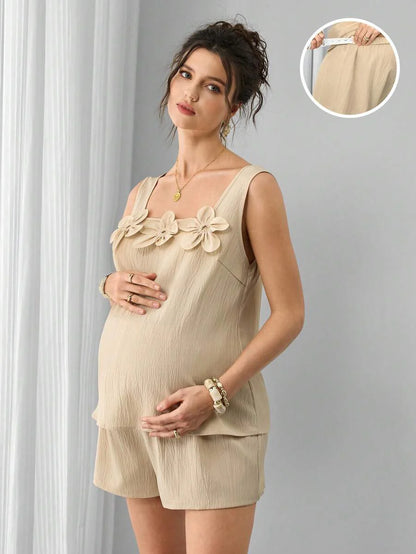 Maternity 2-Piece Set Square Neck Floral Applique Camisole and Adjustable Waist Mini Shorts in Apricot for Casual Office Wear