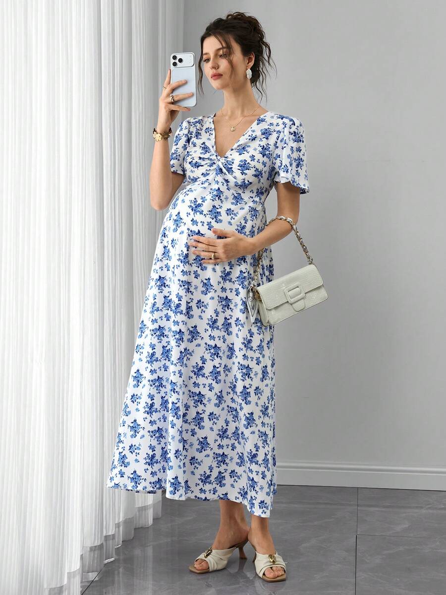 Blue and White Floral V-Neck Maternity Maxi Dress - Boho Puff Sleeve High Waist A-Line Gown - Summer Beach Vacation Dress for Pregnant Women