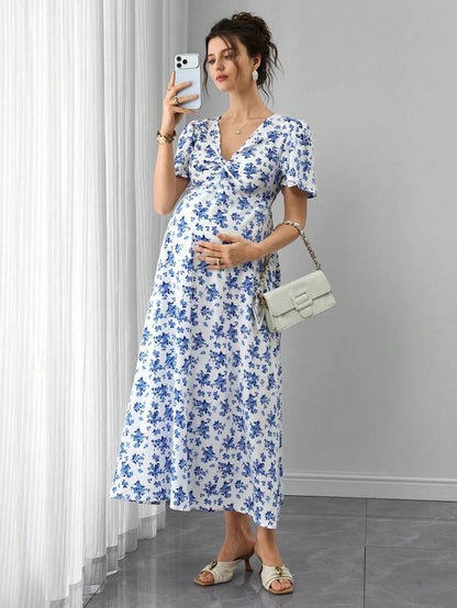 Blue and White Floral V-Neck Maternity Maxi Dress - Boho Puff Sleeve High Waist A-Line Gown - Summer Beach Vacation Dress for Pregnant Women