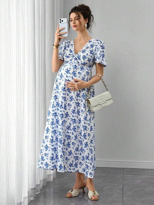 Blue and White Floral V-Neck Maternity Maxi Dress - Boho Puff Sleeve High Waist A-Line Gown - Summer Beach Vacation Dress for Pregnant Women