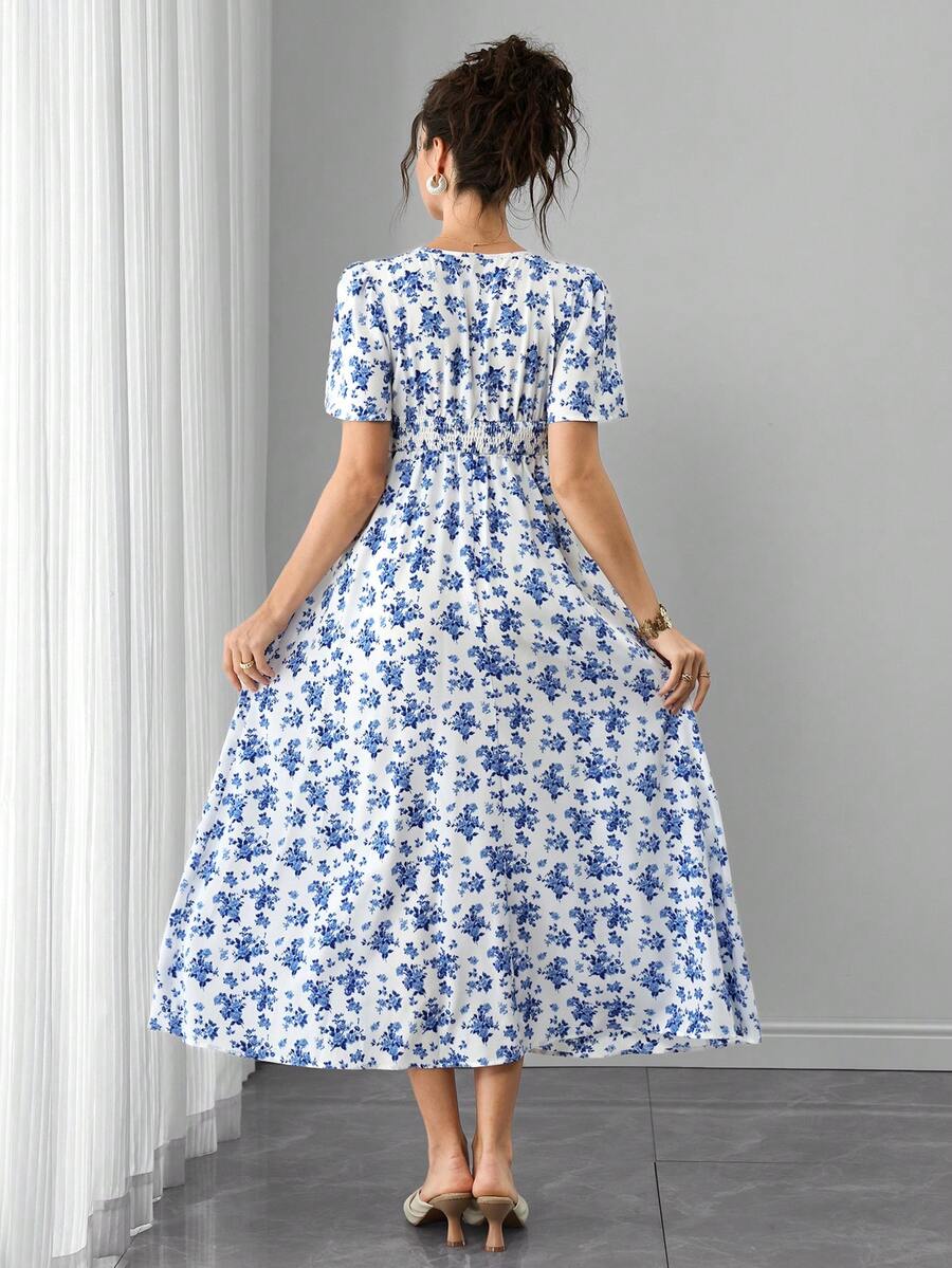 Blue and White Floral V-Neck Maternity Maxi Dress - Boho Puff Sleeve High Waist A-Line Gown - Summer Beach Vacation Dress for Pregnant Women