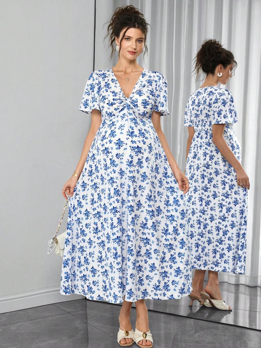 Blue and White Floral V-Neck Maternity Maxi Dress - Boho Puff Sleeve High Waist A-Line Gown - Summer Beach Vacation Dress for Pregnant Women