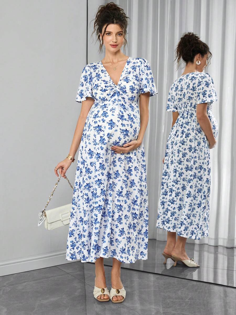 Blue and White Floral V-Neck Maternity Maxi Dress - Boho Puff Sleeve High Waist A-Line Gown - Summer Beach Vacation Dress for Pregnant Women
