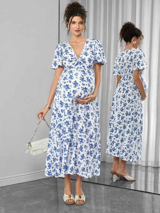 Blue and White Floral V-Neck Maternity Maxi Dress - Boho Puff Sleeve High Waist A-Line Gown - Summer Beach Vacation Dress for Pregnant Women