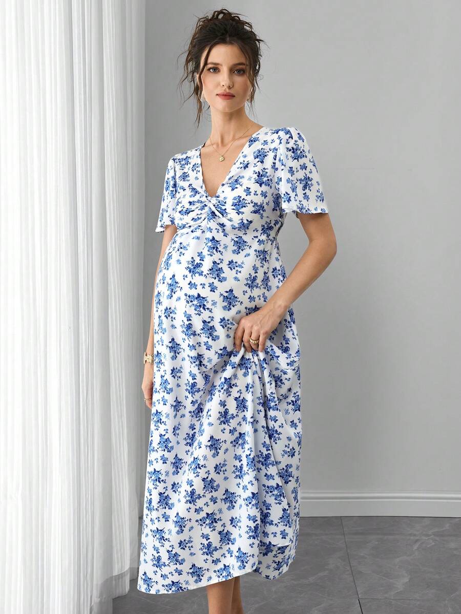 Blue and White Floral V-Neck Maternity Maxi Dress - Boho Puff Sleeve High Waist A-Line Gown - Summer Beach Vacation Dress for Pregnant Women