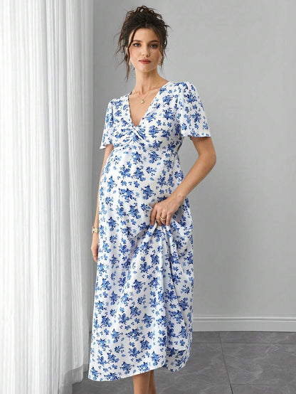 Blue and White Floral V-Neck Maternity Maxi Dress - Boho Puff Sleeve High Waist A-Line Gown - Summer Beach Vacation Dress for Pregnant Women