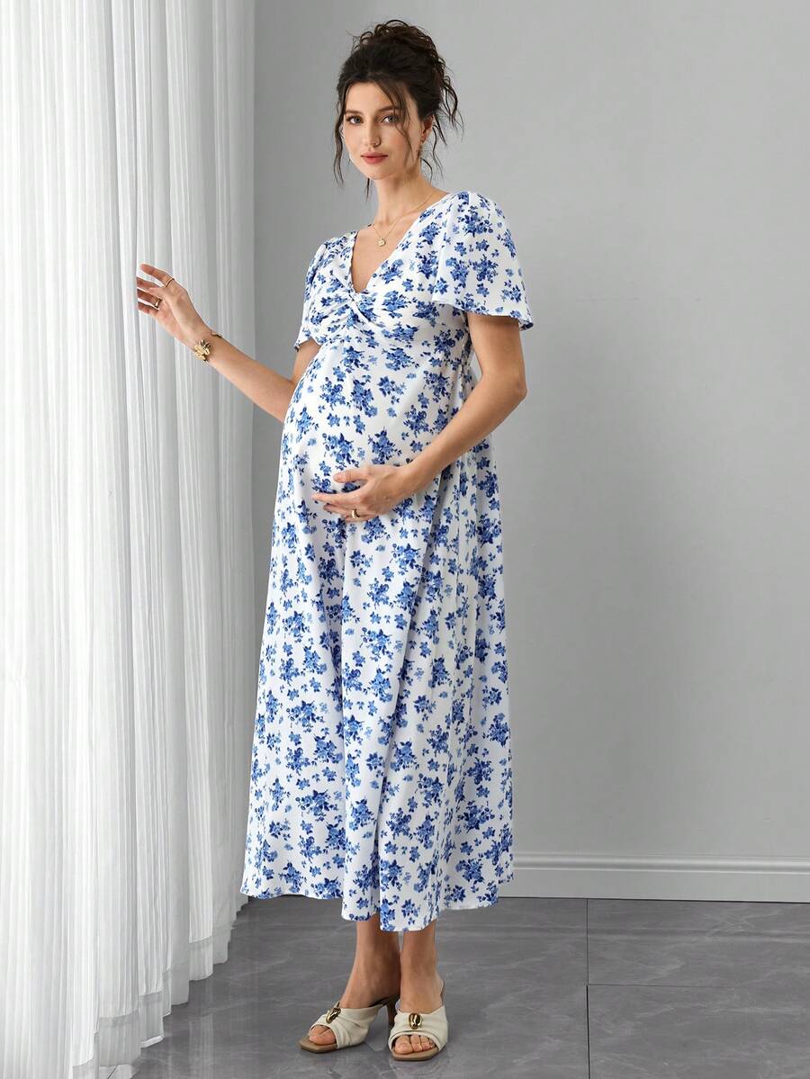 Blue and White Floral V-Neck Maternity Maxi Dress - Boho Puff Sleeve High Waist A-Line Gown - Summer Beach Vacation Dress for Pregnant Women