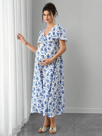 Blue and White Floral V-Neck Maternity Maxi Dress - Boho Puff Sleeve High Waist A-Line Gown - Summer Beach Vacation Dress for Pregnant Women