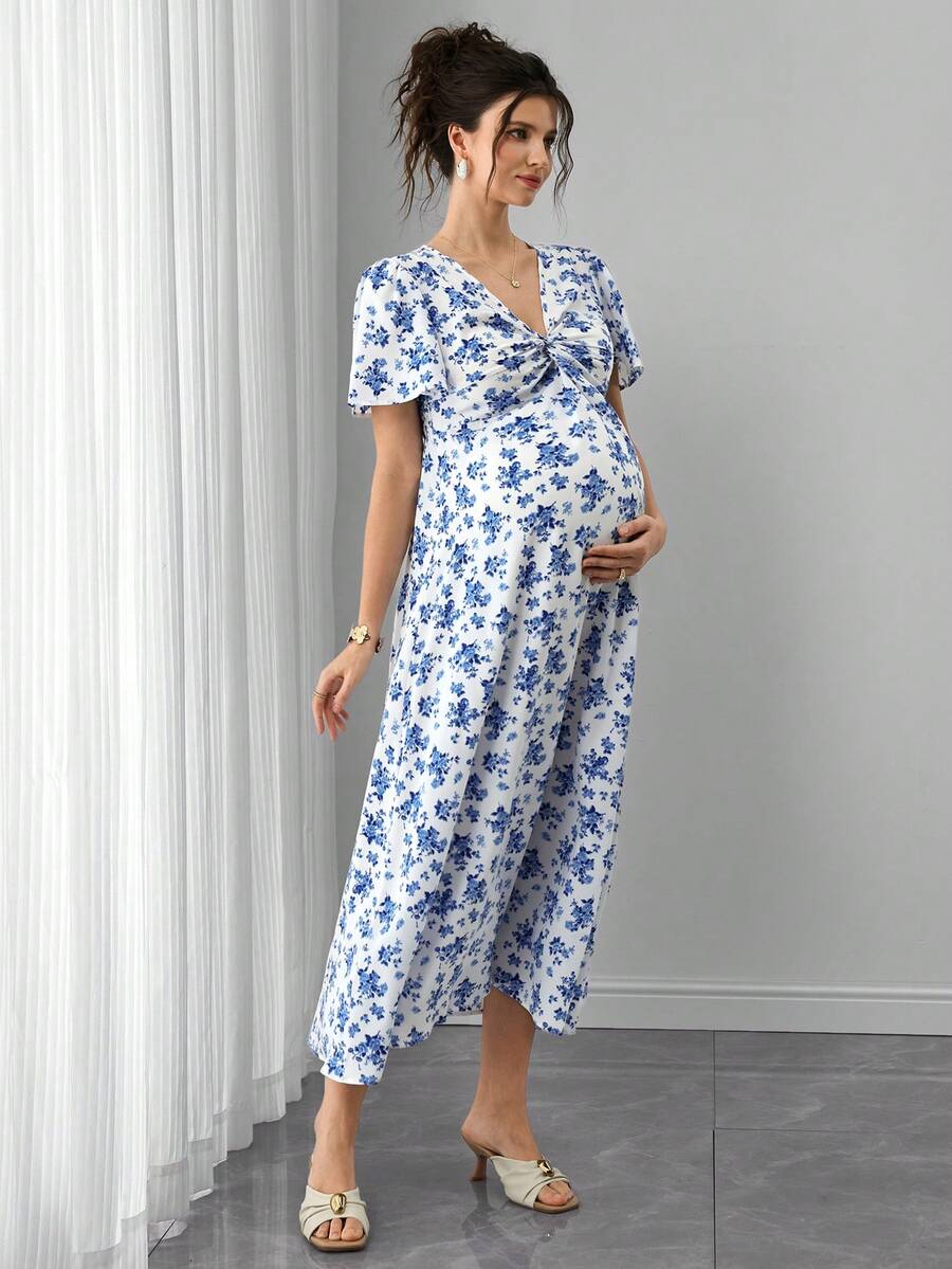 Blue and White Floral V-Neck Maternity Maxi Dress - Boho Puff Sleeve High Waist A-Line Gown - Summer Beach Vacation Dress for Pregnant Women
